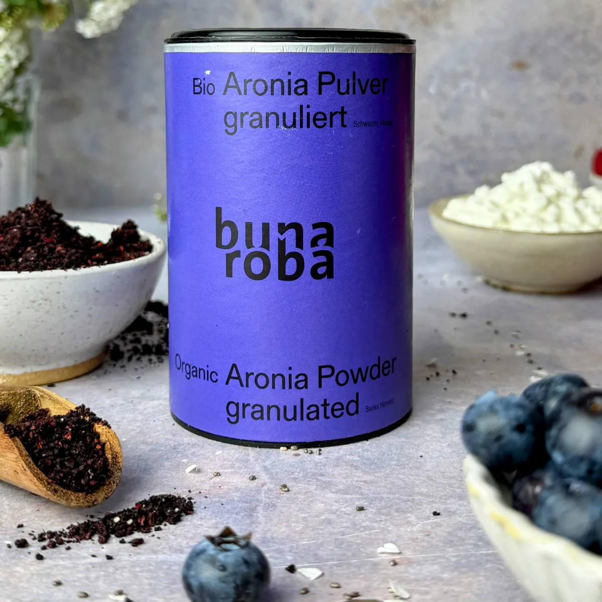 Bunaroba Bio Aronia Pulver mit frischen Beeren