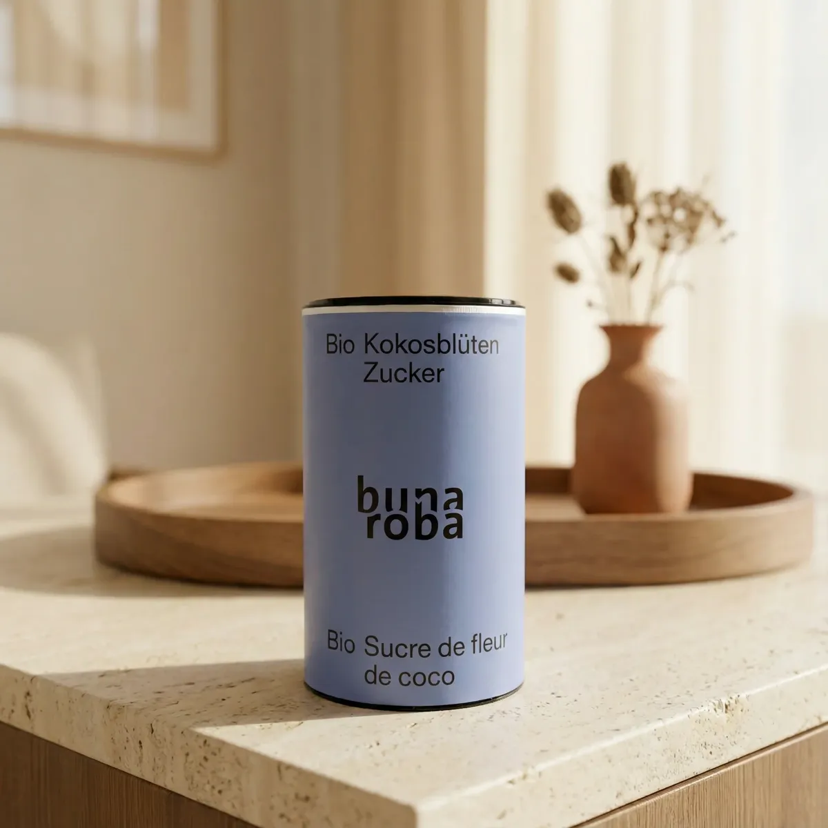 Bunaroba Bio Kokosblütenzucker auf Marmor