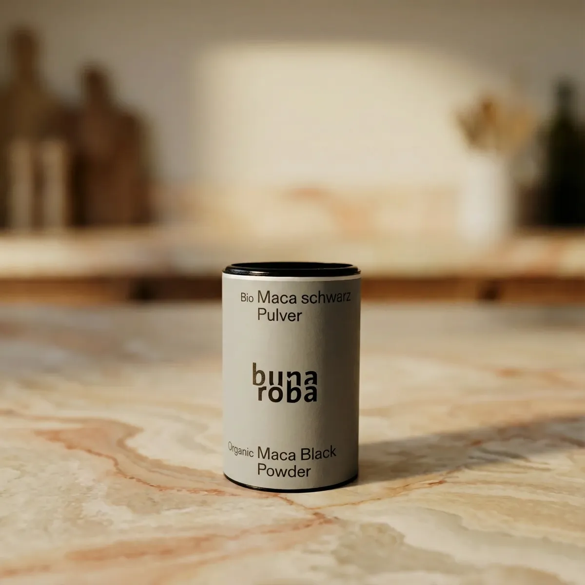 Bunaroba organic black maca on wooden surface