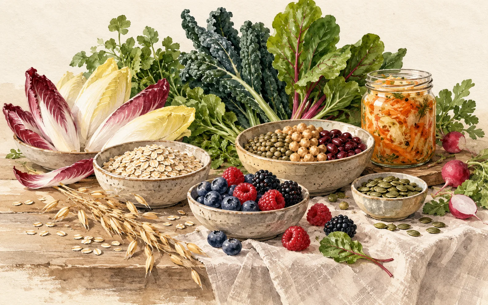 Diversi alimenti vegetali e un vasetto di verdure fermentate