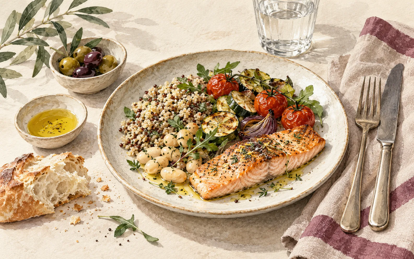 Balanced meal with vegetables, grains and fish