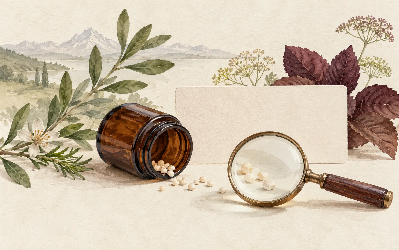 A few granules beside a blank ingredient sheet and magnifying glass