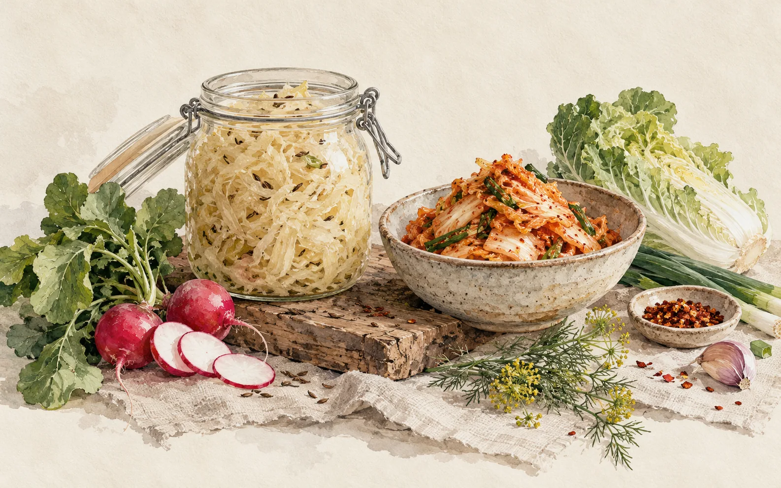 Crauti e kimchi in un vasetto e una ciotola