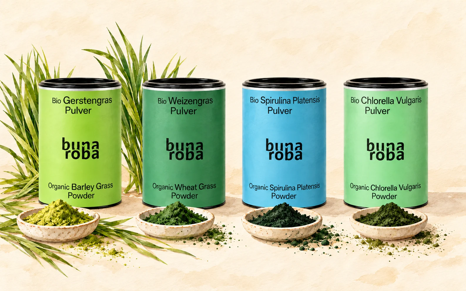 Four bunaroba cans: barley grass, wheat grass, spirulina and chlorella
