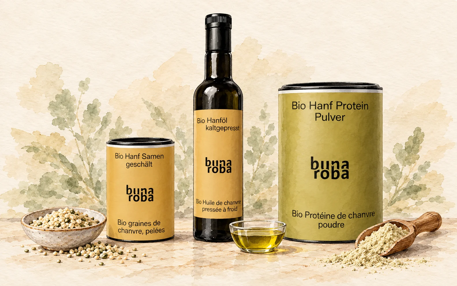 bunaroba Hanfsamen, Hanföl und Hanfprotein mit Samen, Öl und Pulver