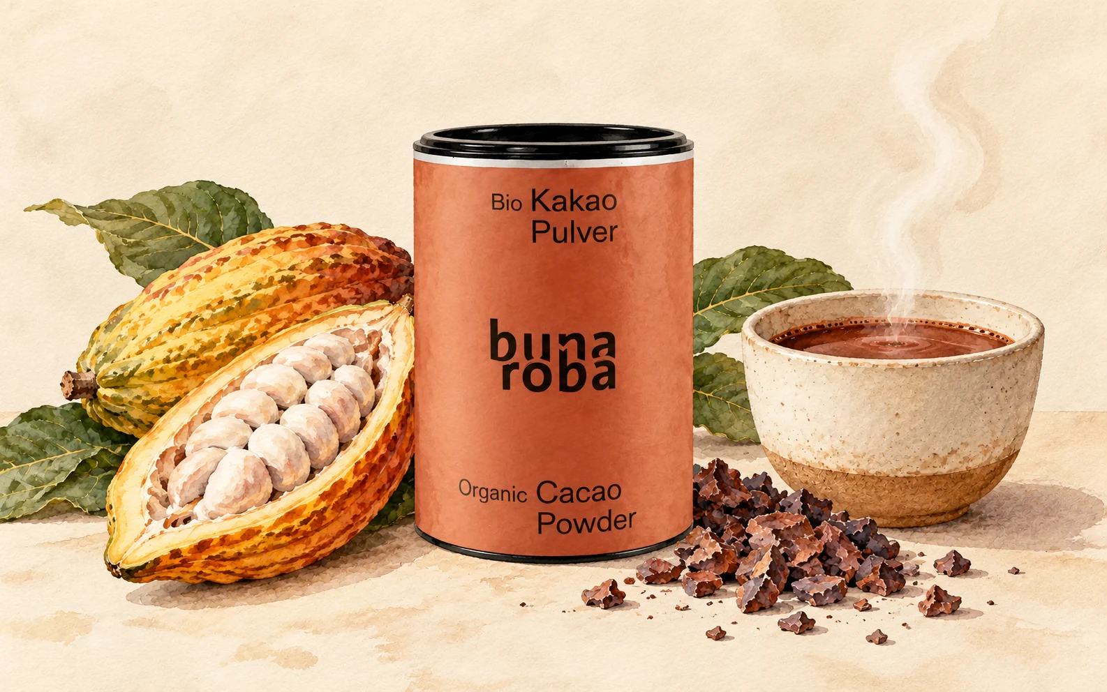 bunaroba Organic Cacao can with cacao pod, nibs and a cup of cacao