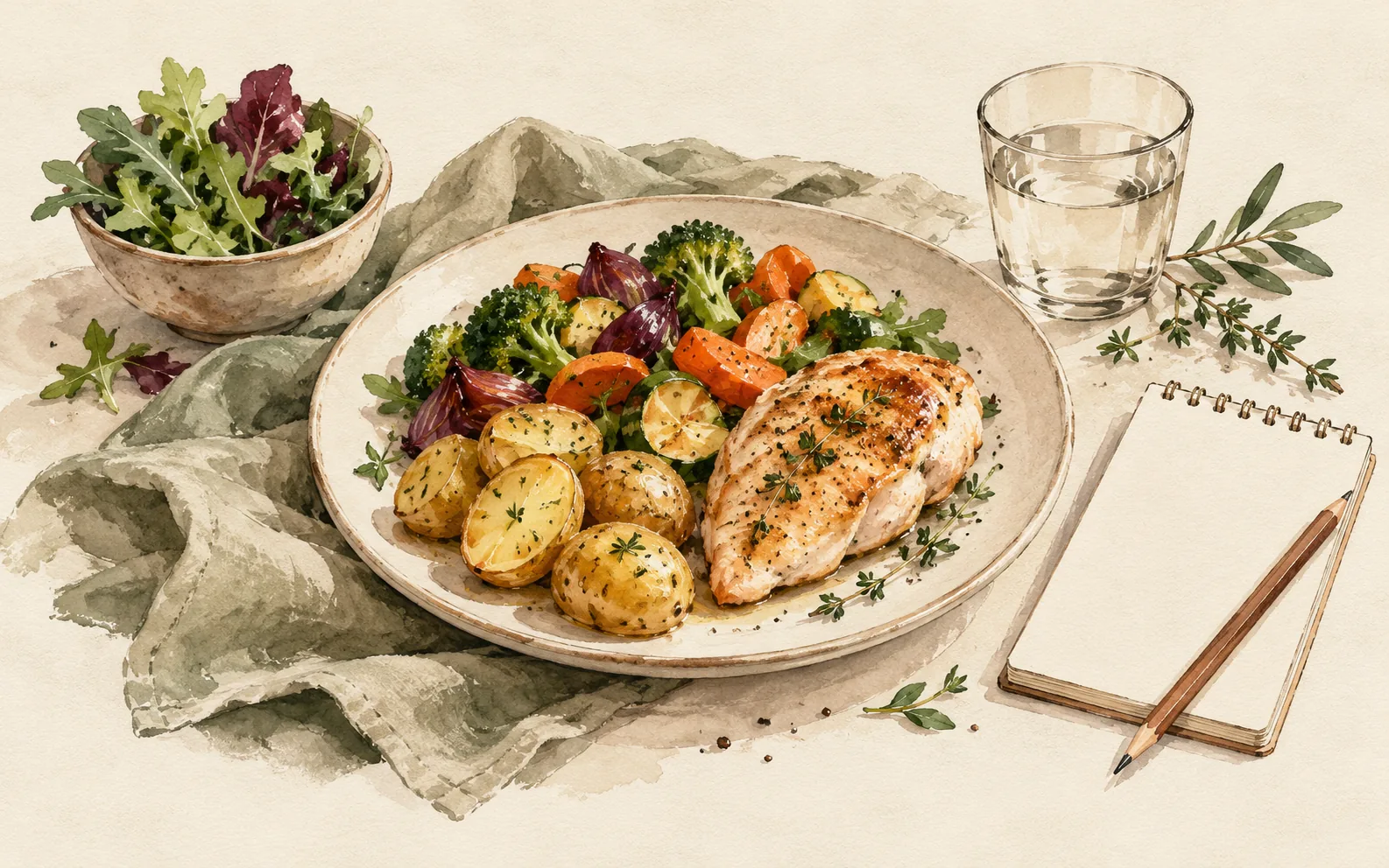 Meal with potatoes, vegetables and chicken beside a notebook