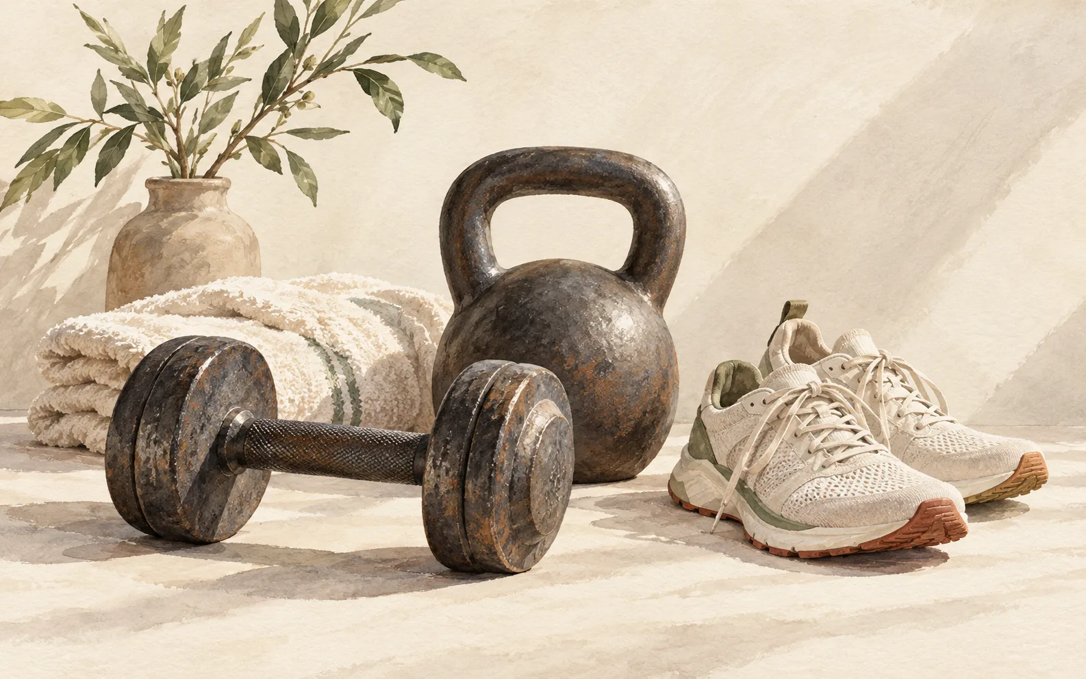 Dumbbells, training shoes and a towel