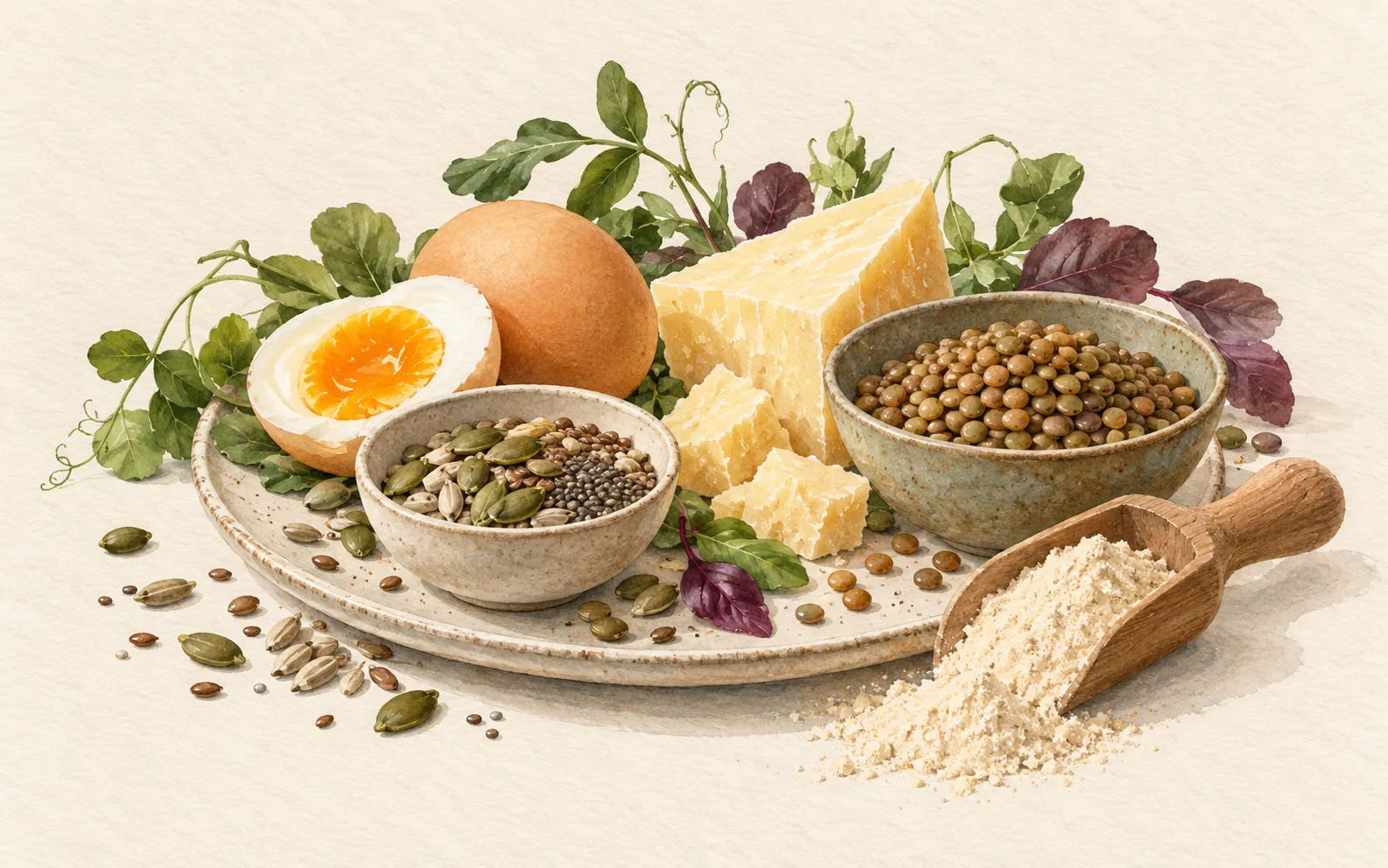Eier, Käse, Hülsenfrüchte und Samen