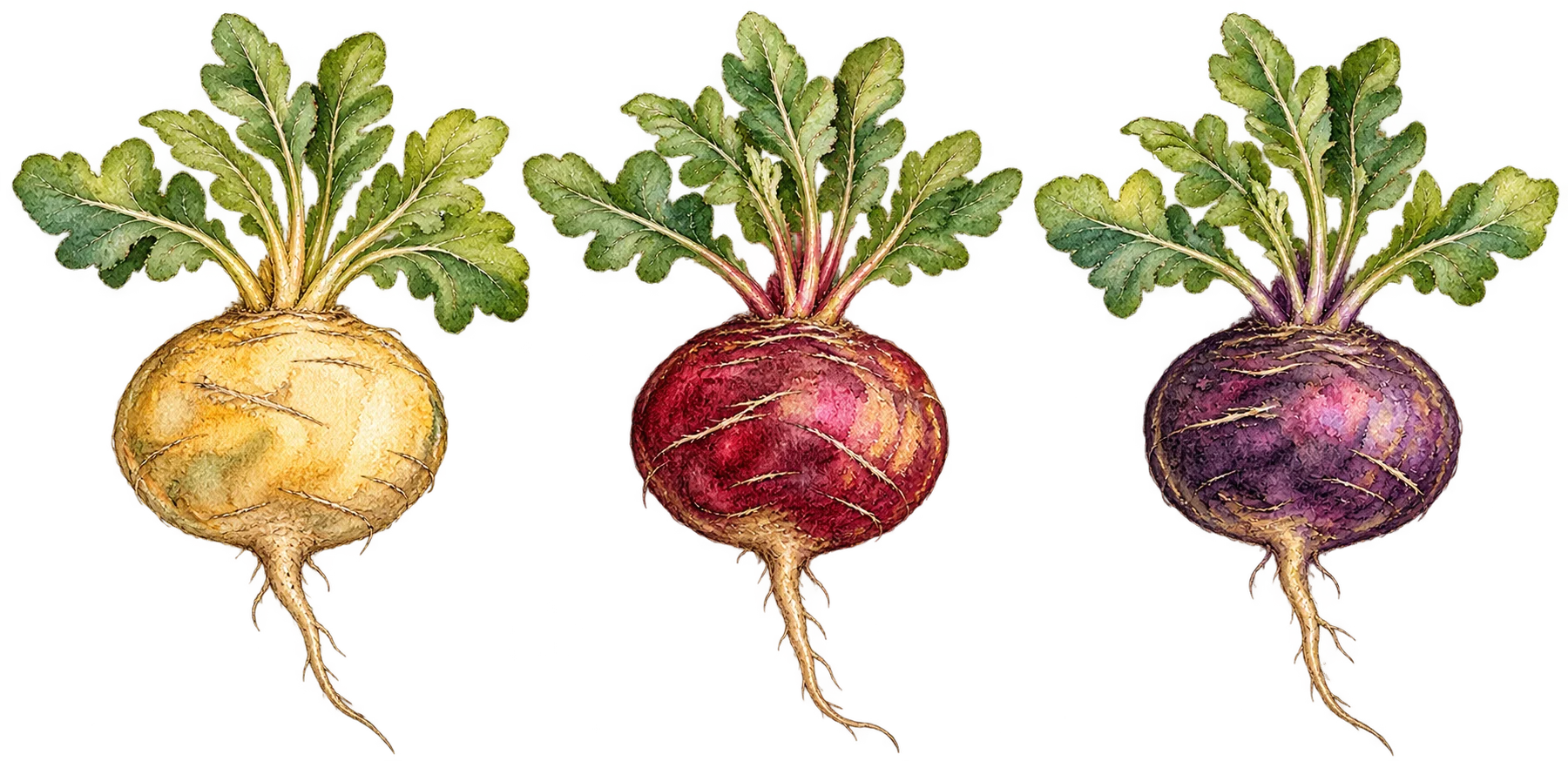 Three maca roots with yellow, red and purple skins