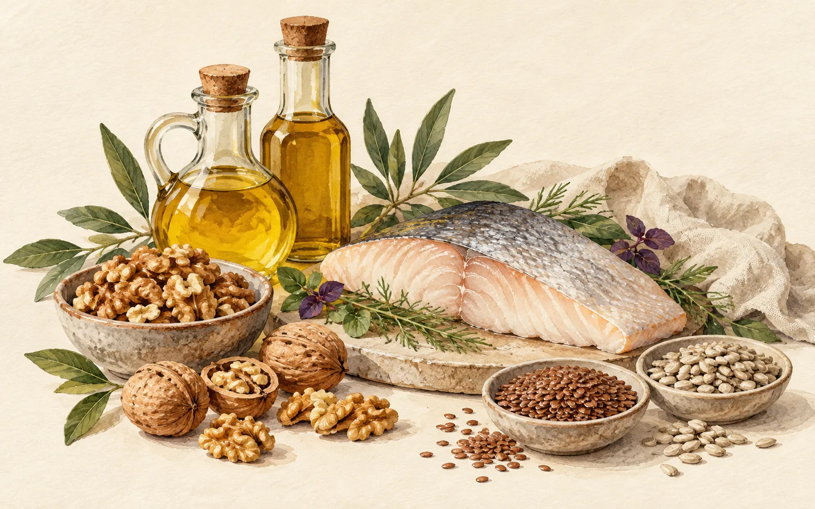 Fish, walnuts, flax seeds and cooking oil
