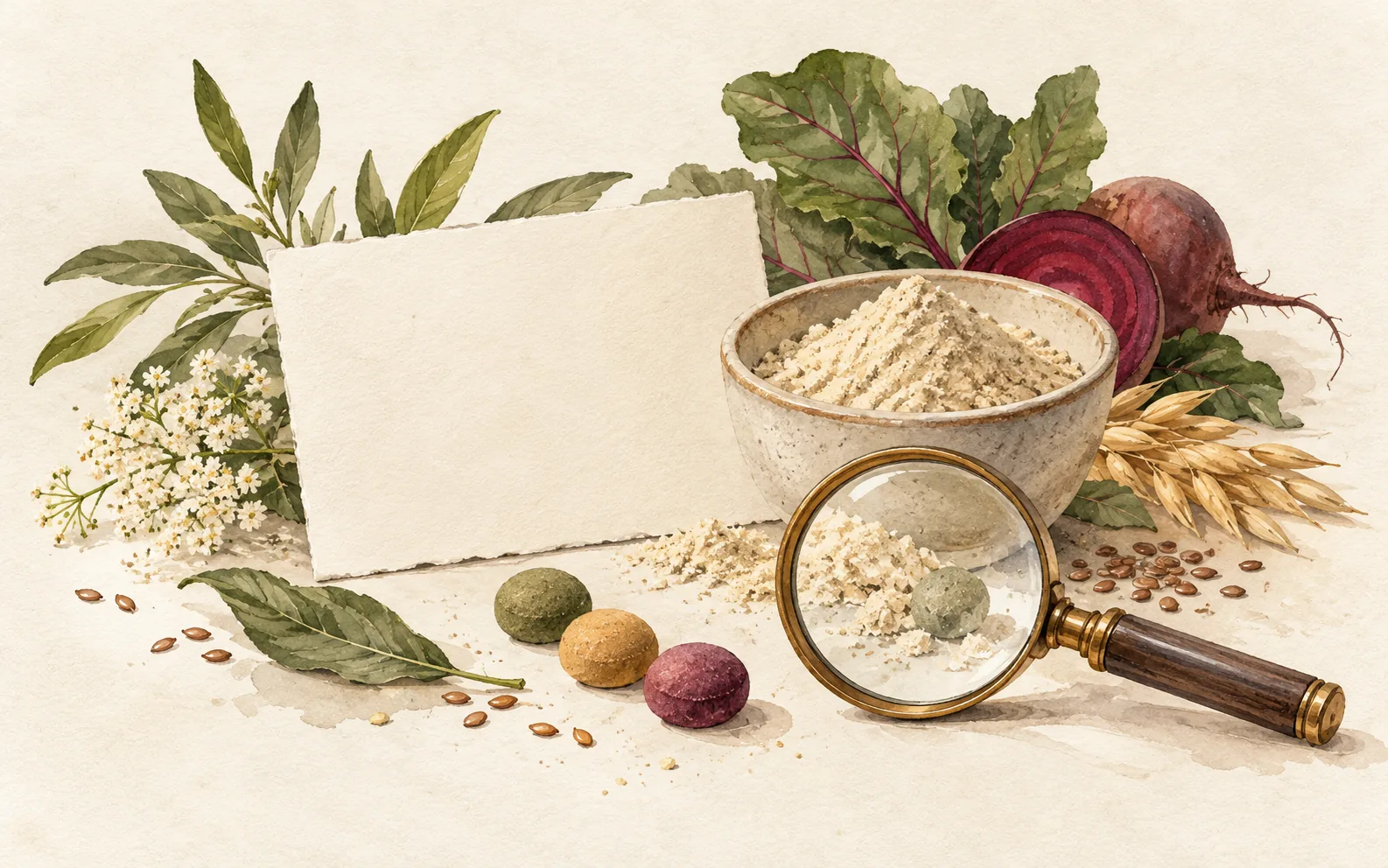 Lista degli ingredienti e lente accanto a una ciotola di polvere