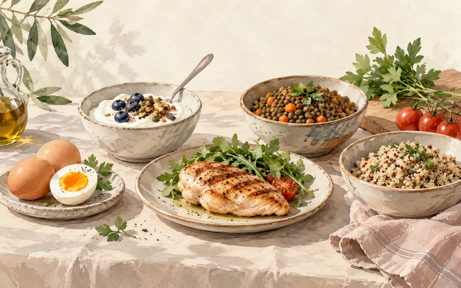 Eggs, yoghurt, legumes and chicken on a table