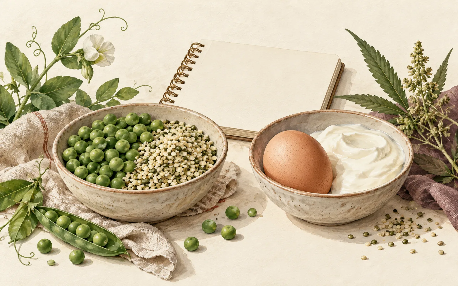 Peas, hemp seeds, egg and yoghurt in bowls