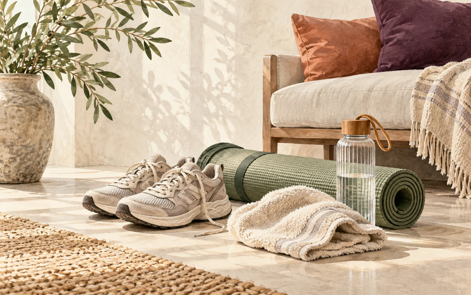 Trainingsschuhe, Yogamatte, Handtuch und Wasser
