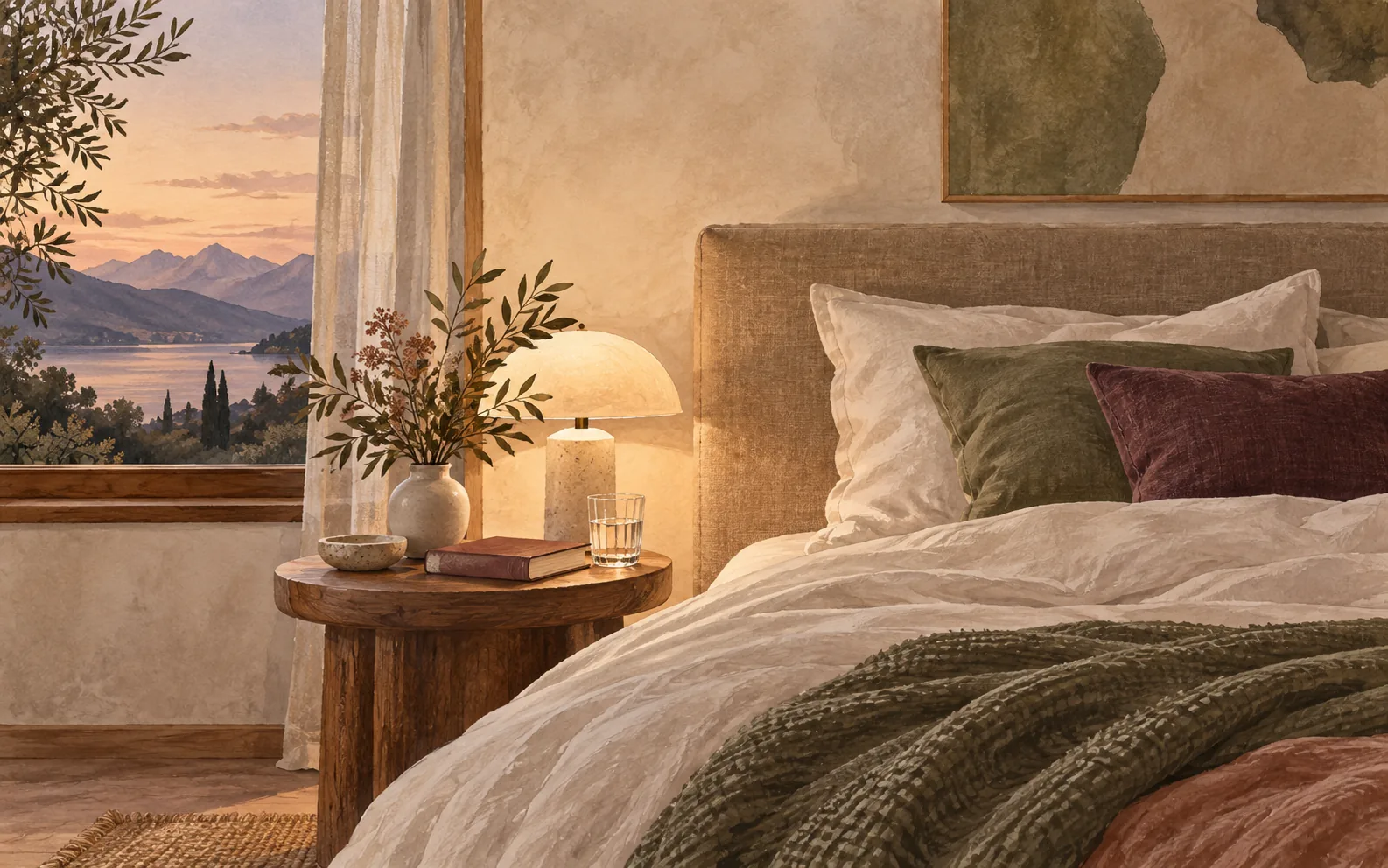 Chambre paisible avec lit, lampe et livre