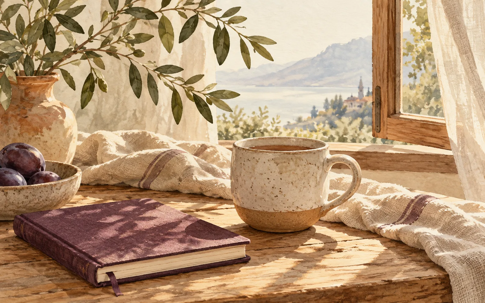 Cup of tea and notebook by an open window
