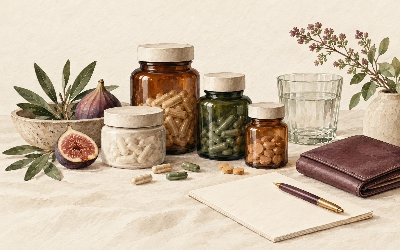 Supplements beside a wallet and notes
