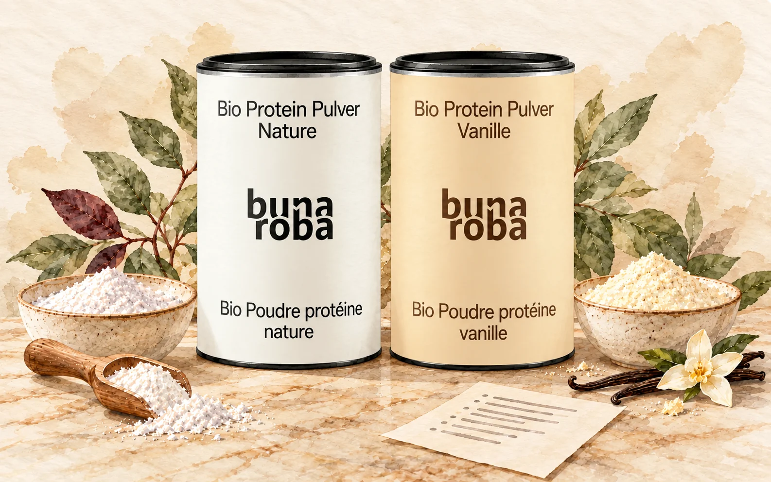 Protéines Nature et Vanille bunaroba avec deux bols de poudre et une liste d’ingrédients